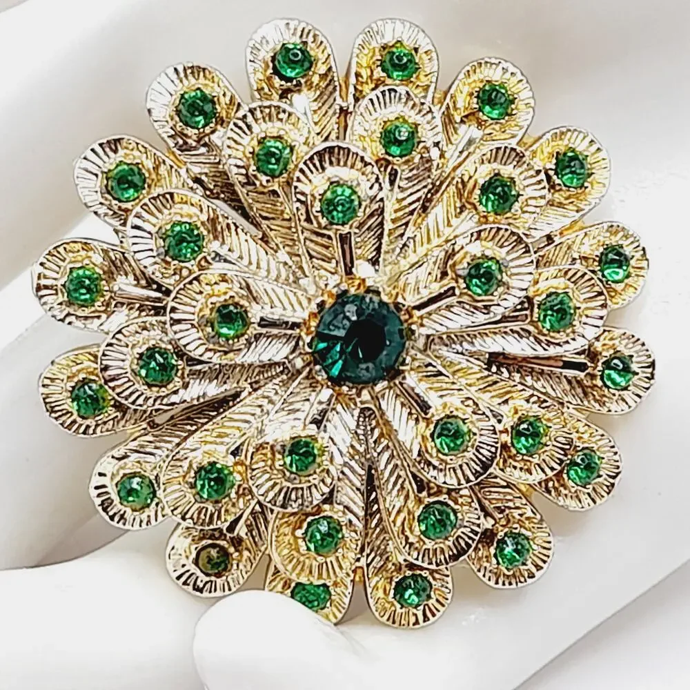 Vintage Green Rhinestone Floral Brooch Gold Tone Mum Style